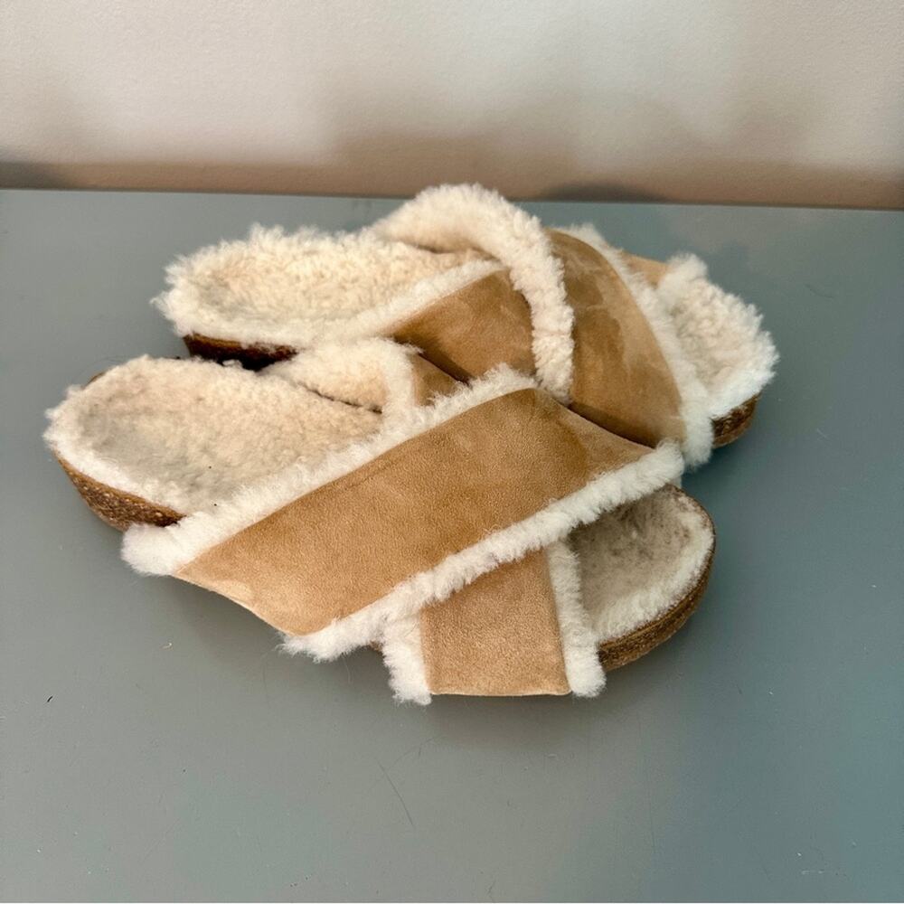 Jenni Kayne Shearling-Lined Suede Crossover Sandals Natural NEW 39/9